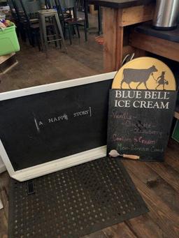 White Board Sign, Chalkboard Sign, Inside Coffee Bar, & a Tin Blue Bell Sign