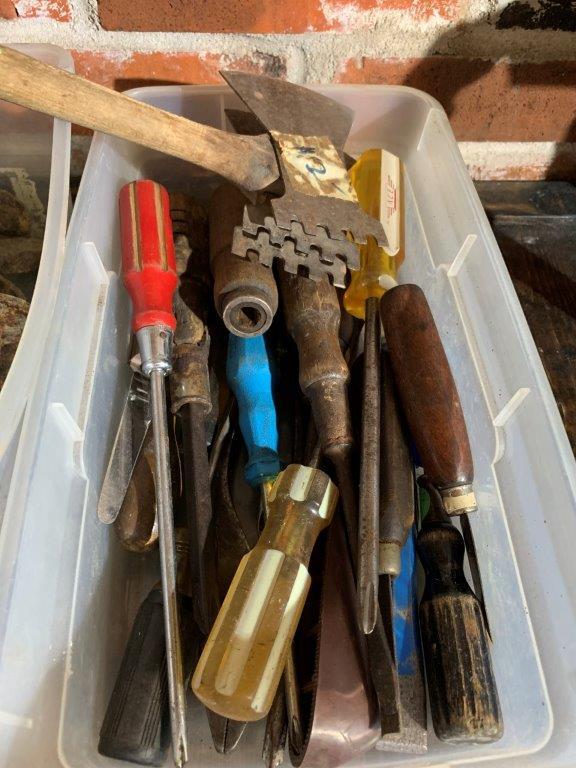 Old Railroad Spikes & Box of Hand Tools