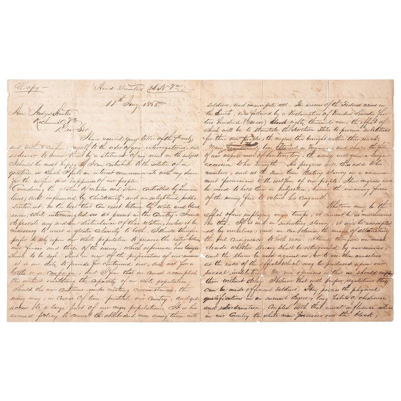 Robert E. Lee to Andrew Hunter, January 11, 1865, Regarding Enlisting Negro Troops in the Confederat