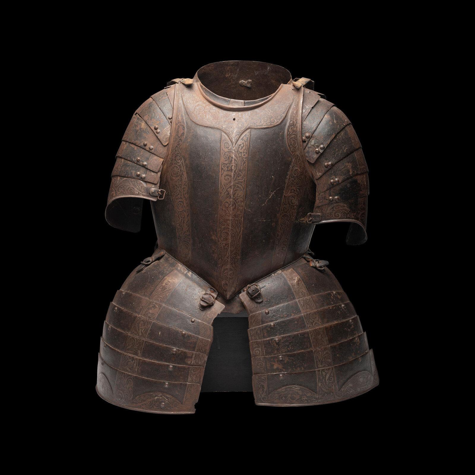 A 17th Century German Etched and Painted Half Suit of Armor