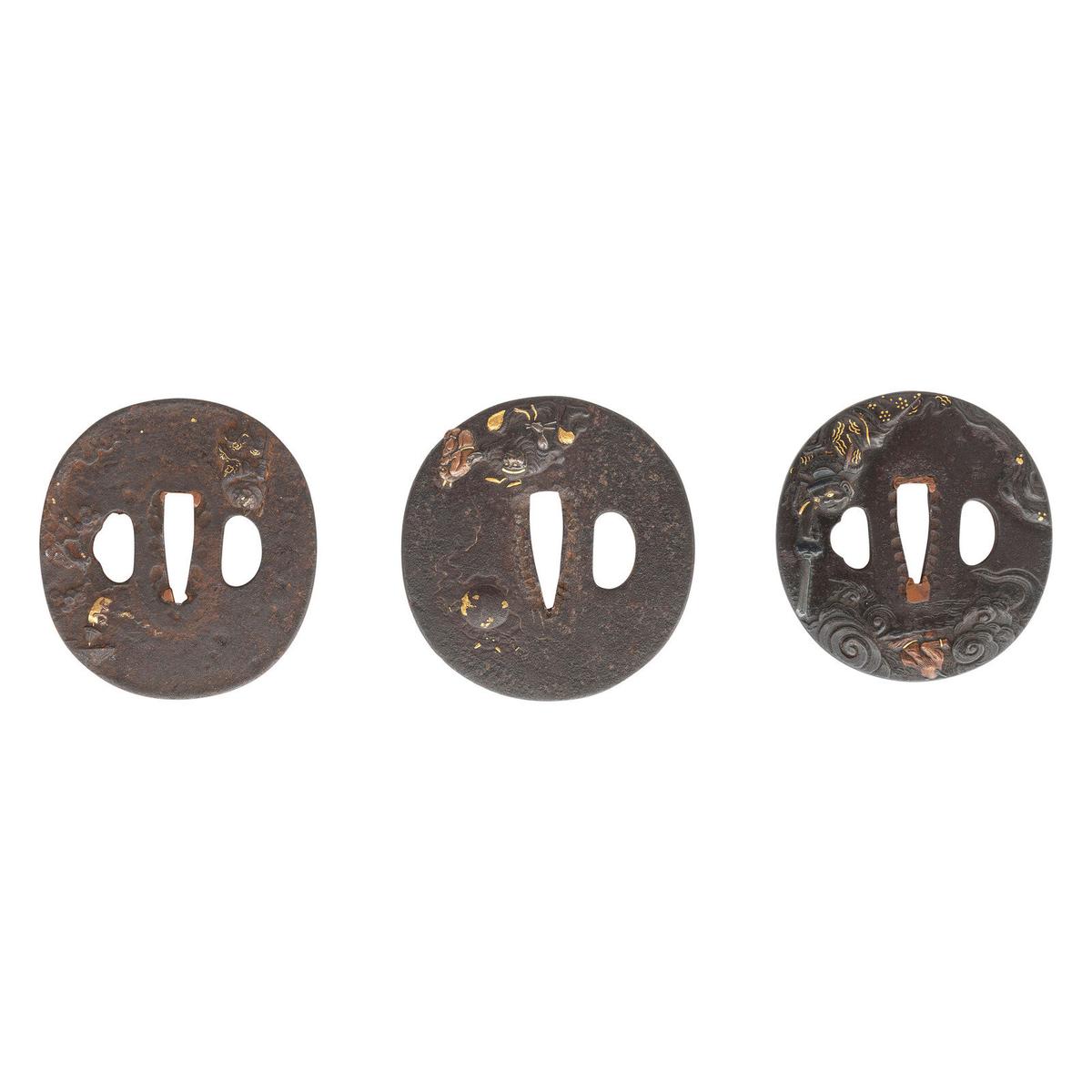 Lot of 3 Japanese Tsubas with Shoki and Oni Folkloric Motifs