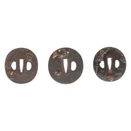 Lot of 3 Japanese Tsubas with Shoki and Oni Folkloric Motifs