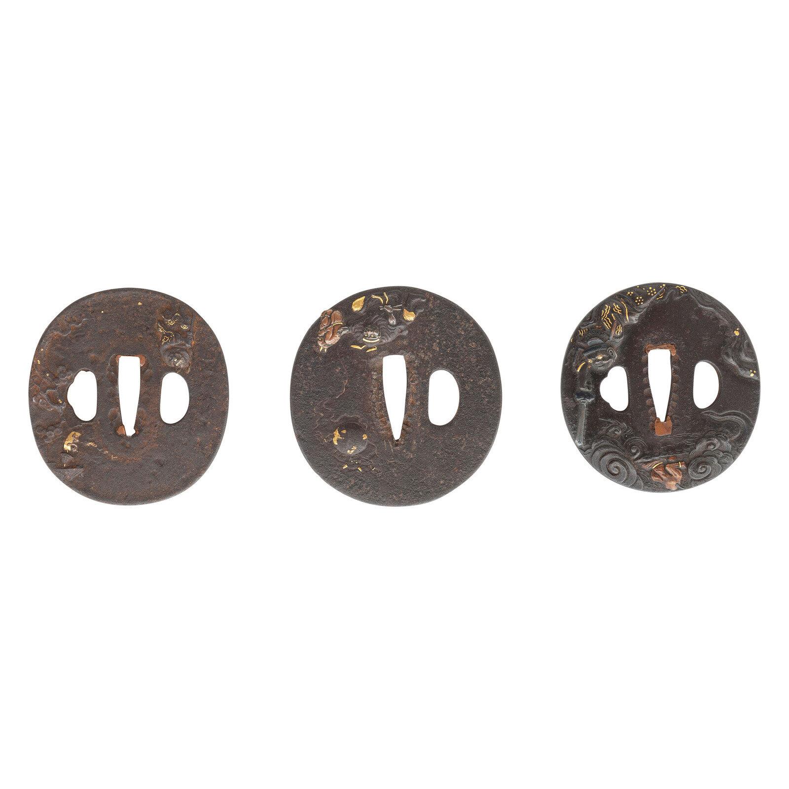 Lot of 3 Japanese Tsubas with Shoki and Oni Folkloric Motifs