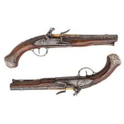 Pair of French Silver Mounted Flintlock Officers Pistols by Jean Seuts (Seux) circa 1785
