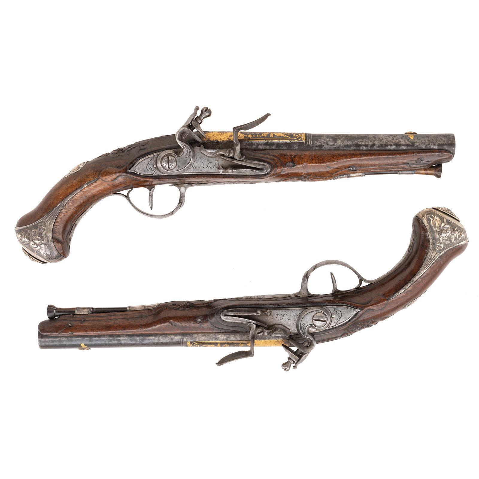 Pair of French Silver Mounted Flintlock Officers Pistols by Jean Seuts (Seux) circa 1785