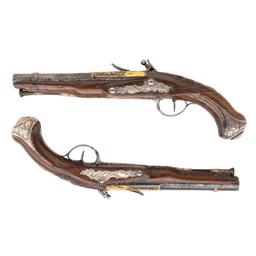 Pair of French Silver Mounted Flintlock Officers Pistols by Jean Seuts (Seux) circa 1785