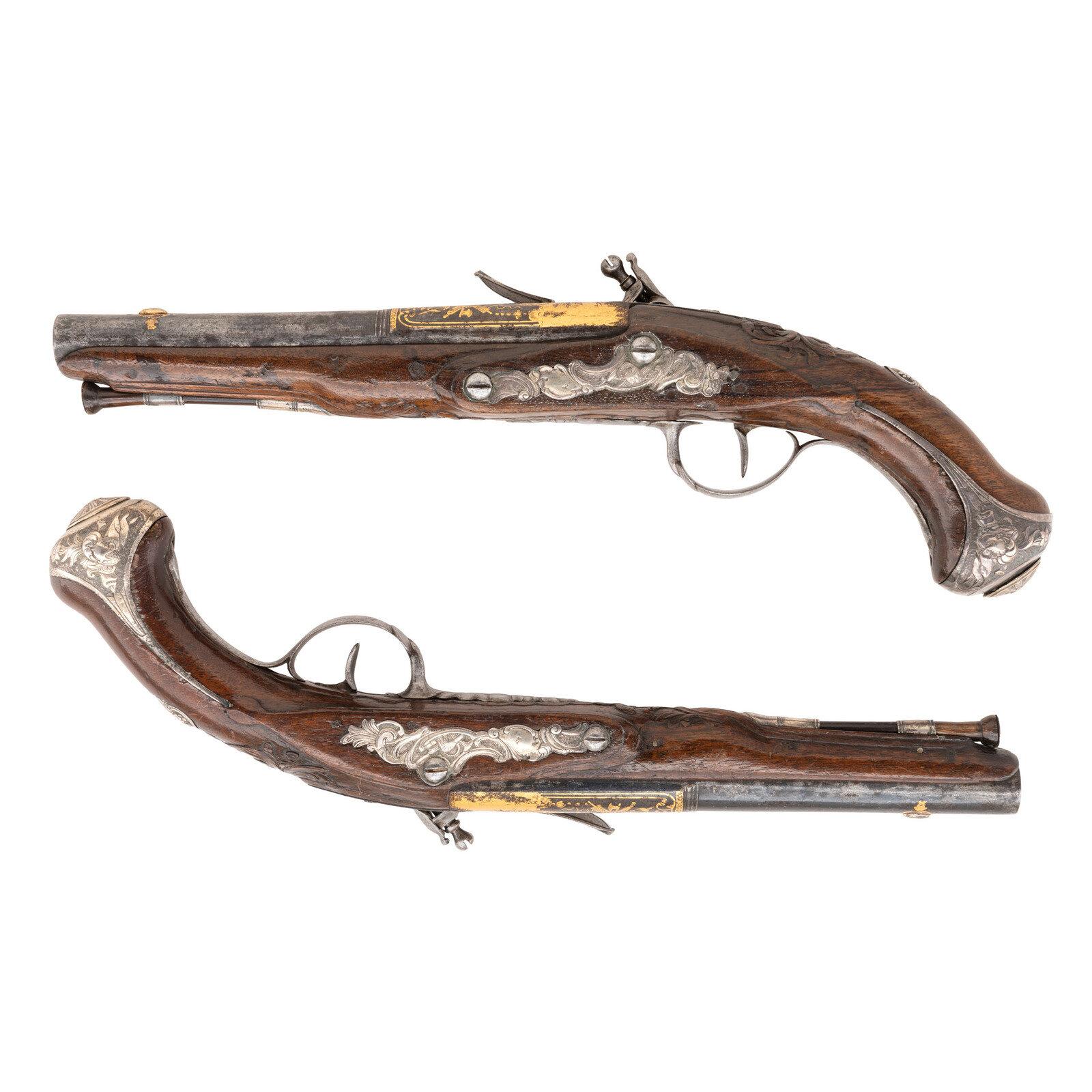 Pair of French Silver Mounted Flintlock Officers Pistols by Jean Seuts (Seux) circa 1785