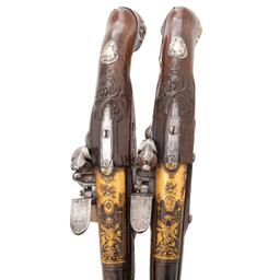 Pair of French Silver Mounted Flintlock Officers Pistols by Jean Seuts (Seux) circa 1785