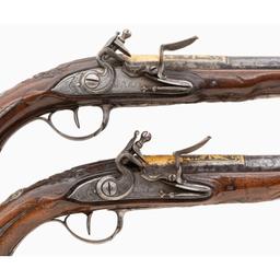 Pair of French Silver Mounted Flintlock Officers Pistols by Jean Seuts (Seux) circa 1785