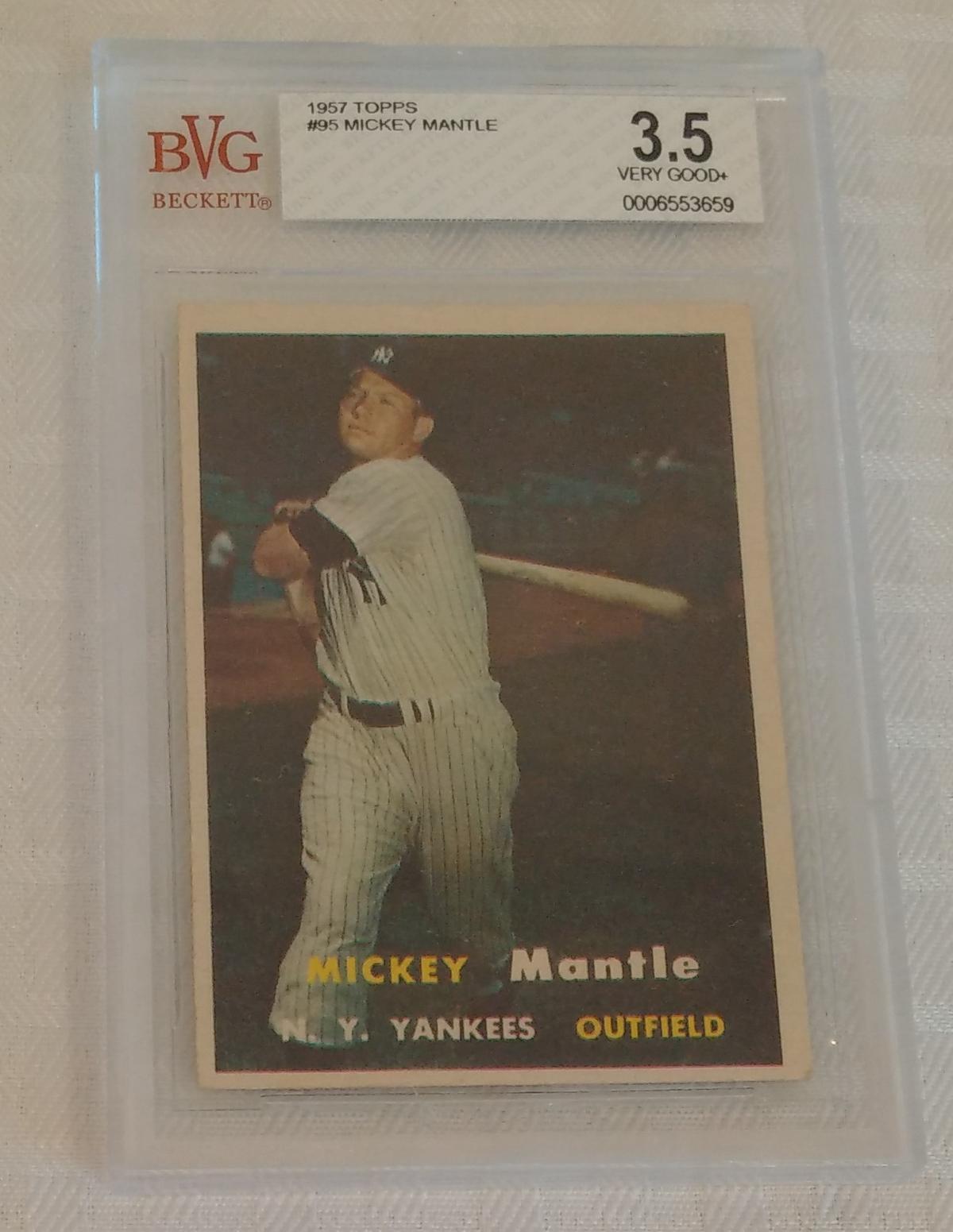 Vintage 1957 Topps Baseball Card #95 Mickey Mantle Yankees HOF Beckett GRADED 3.5 VG+ Slabbed