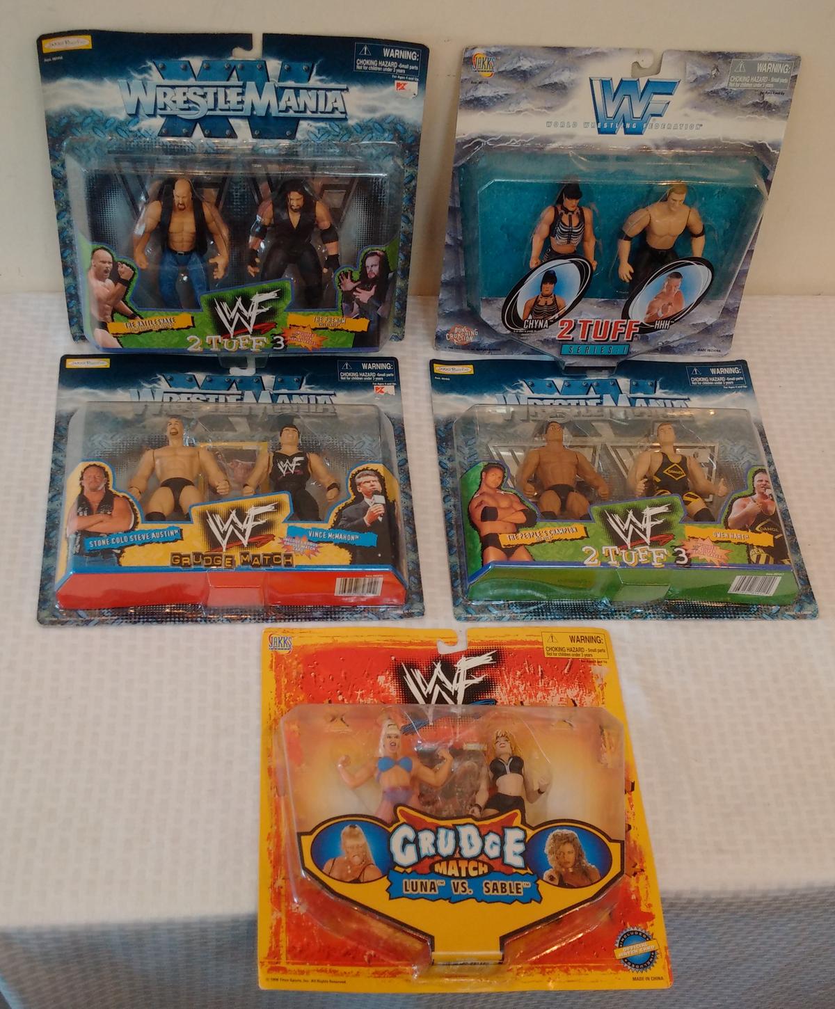 5 Different 1990s WWF Jakks 2 Pack Tag Team Wrestling Figure Lot WWF WWE Owen Hart Rock Austin Sable