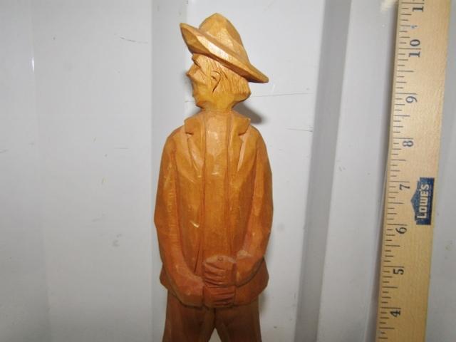 2 Hand Carved Folk Art Wood Figures: Man And A Wolf