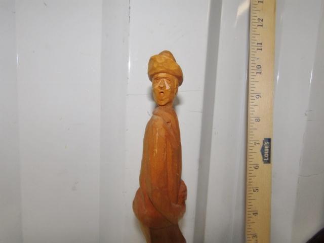 2 Hand Carved Folk Art Wood Figures: Man And A Wolf