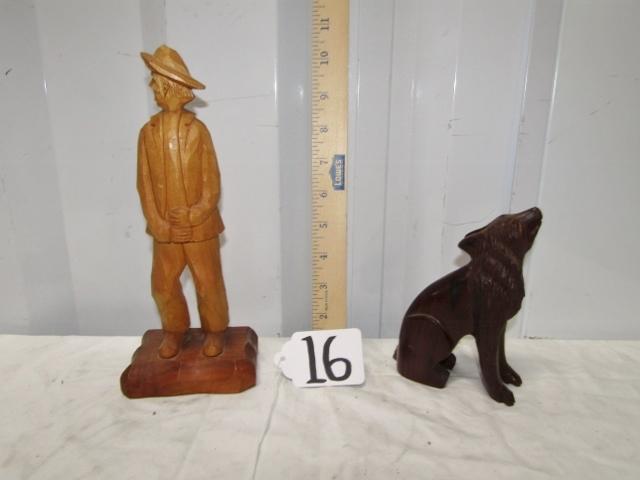 2 Hand Carved Folk Art Wood Figures: Man And A Wolf