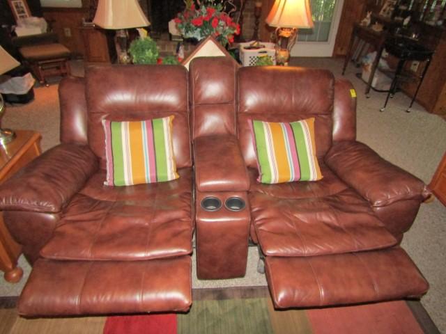 Genuine Leather Double Rocking Recliners W/ Center Console And 2 Pillows  (LOCAL PICK UP ONLY)