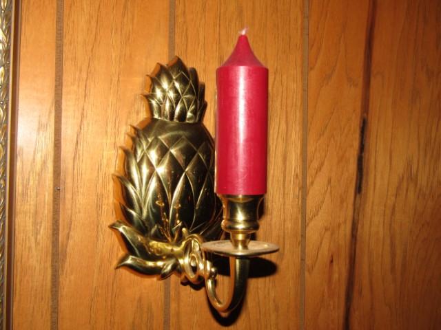 2 Matching Solid Brass Pineapple Wall Hanging Candleholders W/ New Candles