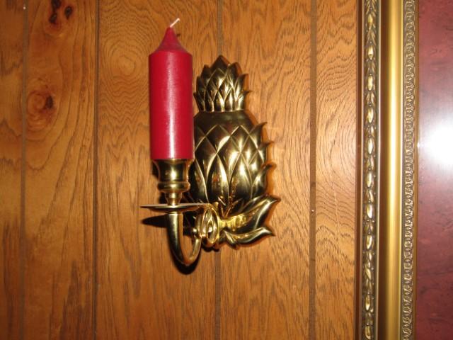 2 Matching Solid Brass Pineapple Wall Hanging Candleholders W/ New Candles