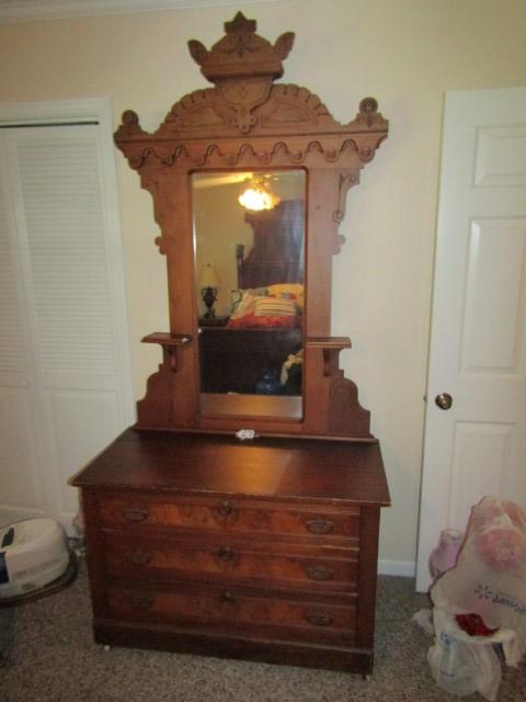 Antique Eastlake Solid Oak W/ Burl Oak Inlay 3 Drawer Dresser (LOCAL PICK UP ONLY)