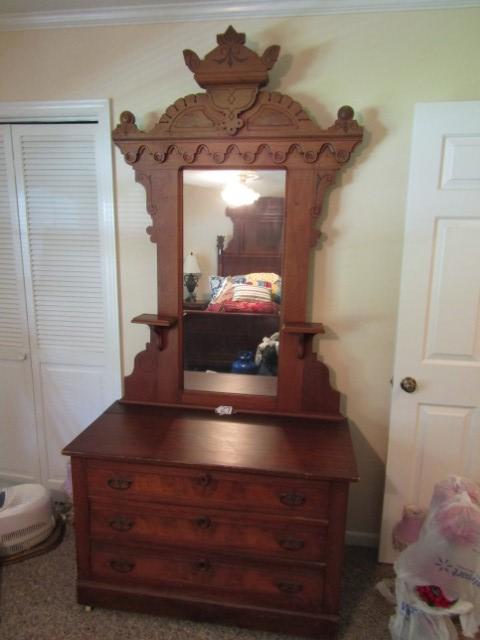 Antique Eastlake Solid Oak W/ Burl Oak Inlay 3 Drawer Dresser (LOCAL PICK UP ONLY)