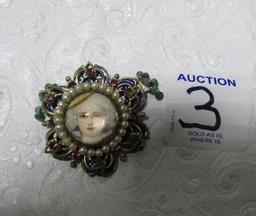 Antique Mourning Brooch W/ Picture, Rhinestones And Pearls