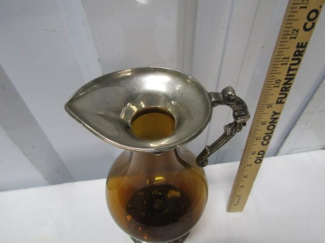 Vtg Amber Glass W/ Silver Plated Base And Top Ewer
