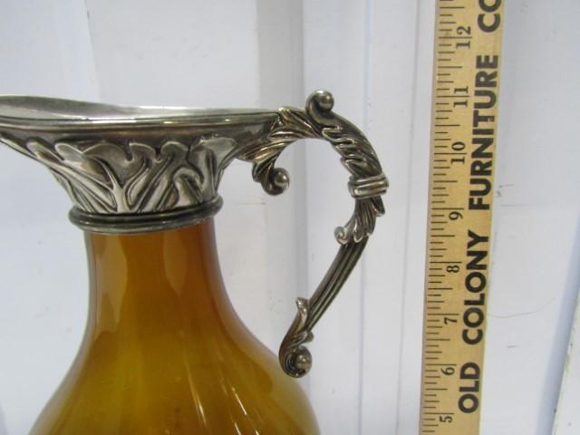 Vtg Amber Glass W/ Silver Plated Base And Top Ewer