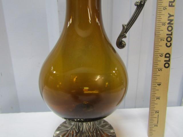 Vtg Amber Glass W/ Silver Plated Base And Top Ewer