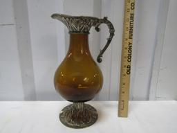 Vtg Amber Glass W/ Silver Plated Base And Top Ewer