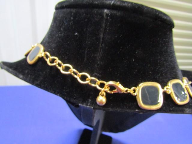 Gold Tone Necklace W/ Black Polished Stones