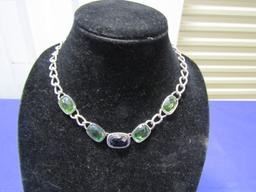 Ladies Silver Tone Necklace W/ 5 Faceted Stones