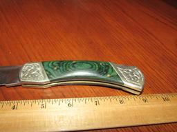 Large Folding Pocket Knife W/ Marbled Handles And Fancy Metal Work