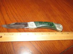 Large Folding Pocket Knife W/ Marbled Handles And Fancy Metal Work