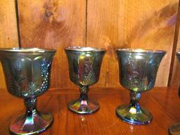 5 Vtg Blue Carnival Glass Goblets