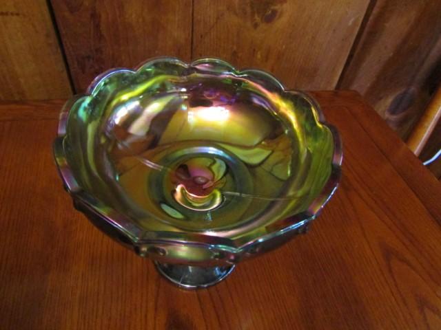 Vtg Large Blue Carnival Glass Compote