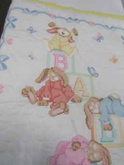 Hand Made And Cross Stitched Baby's Blanket W/ Rabbits And Blocks