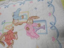 Hand Made And Cross Stitched Baby's Blanket W/ Rabbits And Blocks