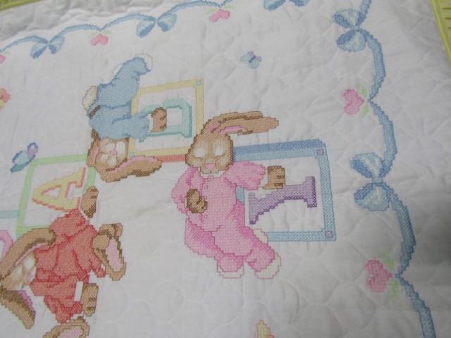 Hand Made And Cross Stitched Baby's Blanket W/ Rabbits And Blocks