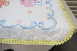 Hand Made And Cross Stitched Baby's Blanket W/ Rabbits And Blocks