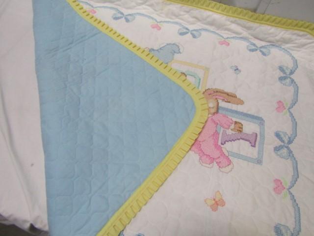 Hand Made And Cross Stitched Baby's Blanket W/ Rabbits And Blocks