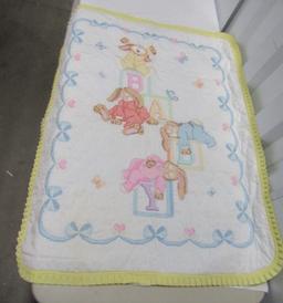 Hand Made And Cross Stitched Baby's Blanket W/ Rabbits And Blocks