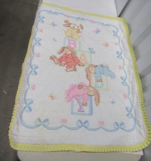 Hand Made And Cross Stitched Baby's Blanket W/ Rabbits And Blocks