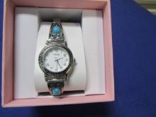 Never Used, Folio Silver Tone Ladies Watch W/ Turqoise Stones