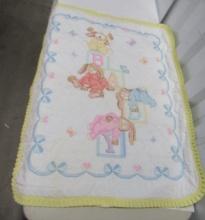 Hand Made And Cross Stitched Baby's Blanket W/ Rabbits And Blocks