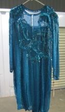 New Ladies Street Length Blue Dress W/ Beads And Sequins By Jaqueline Ferrar