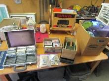 Table Lot: Salt Lamp, Ephemera, Vtg Card Shuffler, Small Pet Cage, Stainless