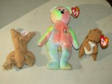 3 Vtg Ty Beanie Babys: Peace, Nuts The Squirrel And Puppy