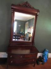 Antique Mahogany Lowboy Bow Front Dresser W/ Tall Swivel Mirror - NO SHIPPING