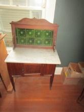 Antique Mahogany W/ Marble Top And Tall Back Splash Side Table / Buffet NO SHIPPING
