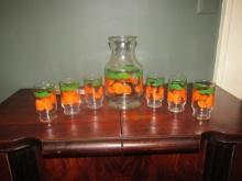 Vtg Anchor Hocking Orange Juice Set, Caraffe And 6 Glasses