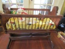 Vtg Solid Wood Rocking Baby Bed W/ Mattress And Plush Toys  NO SHIPPING